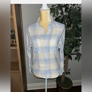 Vince Heathered Plaid Top Flannel Blue with Pockets Sz XS
